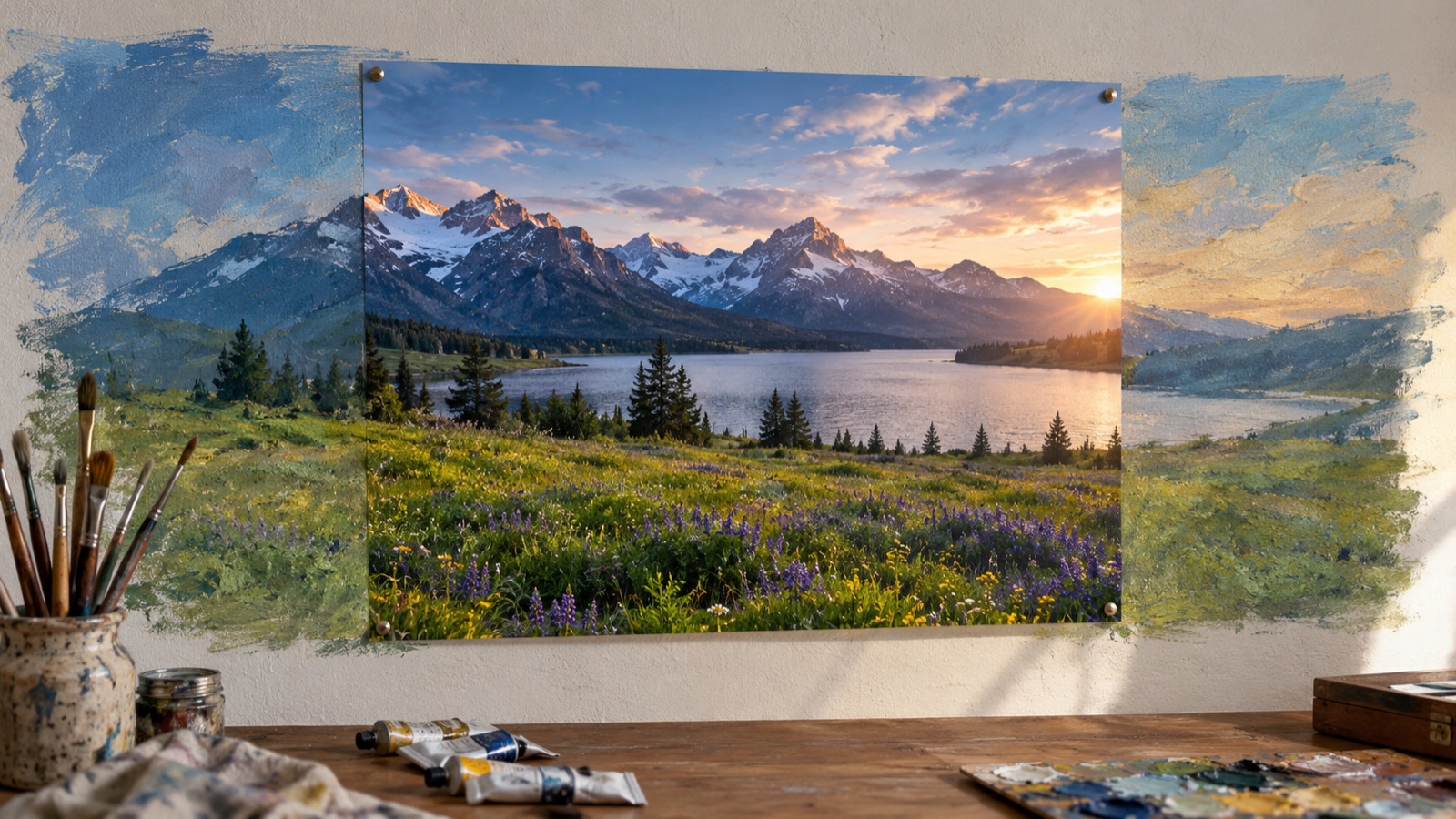 A landscape print on a studio wall with its center sharp and the edges continuing into painted canvas extensions