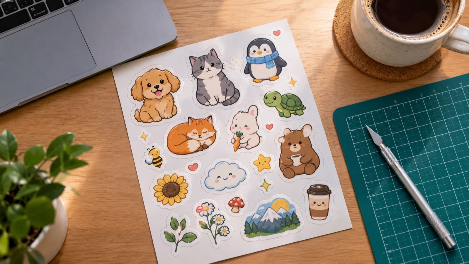 A printed sticker sheet with cute illustrated characters beside a cutting mat, scalpel and coffee