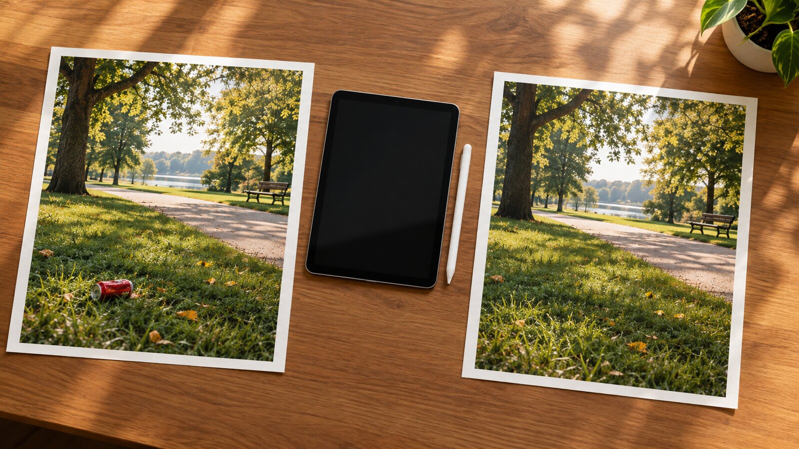 Two printed park photographs on a wooden desk: one with a red soda can on the grass and one with the can removed, beside a tablet and stylus